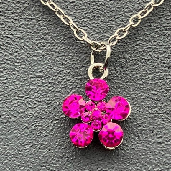 Choker Necklace Black Lace Pink Rhinestone Flower Silver Chain Barbie Retro Glam - Picture 4 of 10